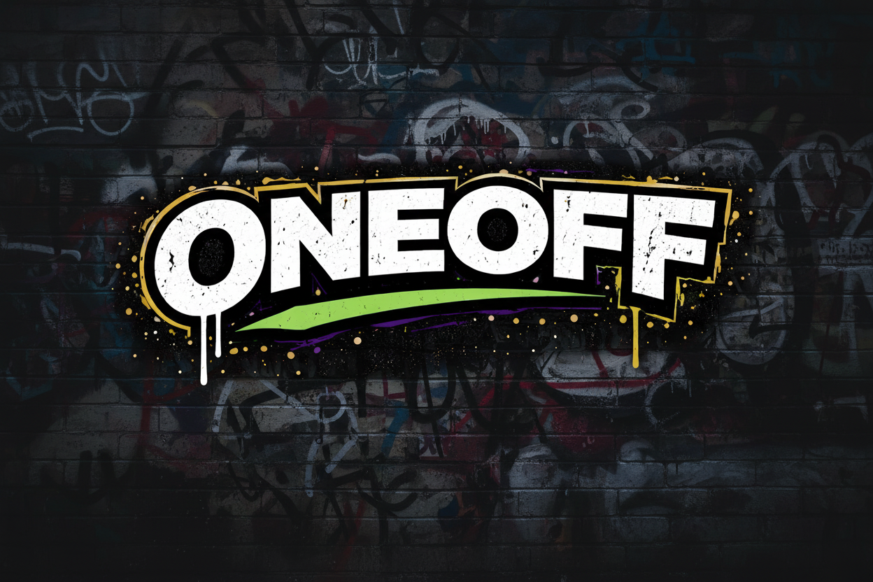 Logo with 'ONEOFF' text on a black background